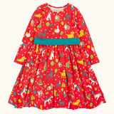 Frugi organic cotton pink party skater dress in a pet paw-ty print featuring pets wearing party hats surrounded by wrapped gifts and balloons. 