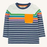 The Frugi Piran pocket navy striped organic cotton child's long sleeved top. A childs's top with navy, purple, orange, blue and green stripes with a yellow chest pocket detail on the front. We have a range of Frugi organic cotton kids clothes available at Babipur.