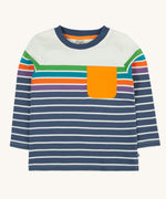 The Frugi Piran pocket navy striped organic cotton child's long sleeved top. A childs's top with navy, purple, orange, blue and green stripes with a yellow chest pocket detail on the front. We have a range of Frugi organic cotton kids clothes available at Babipur.