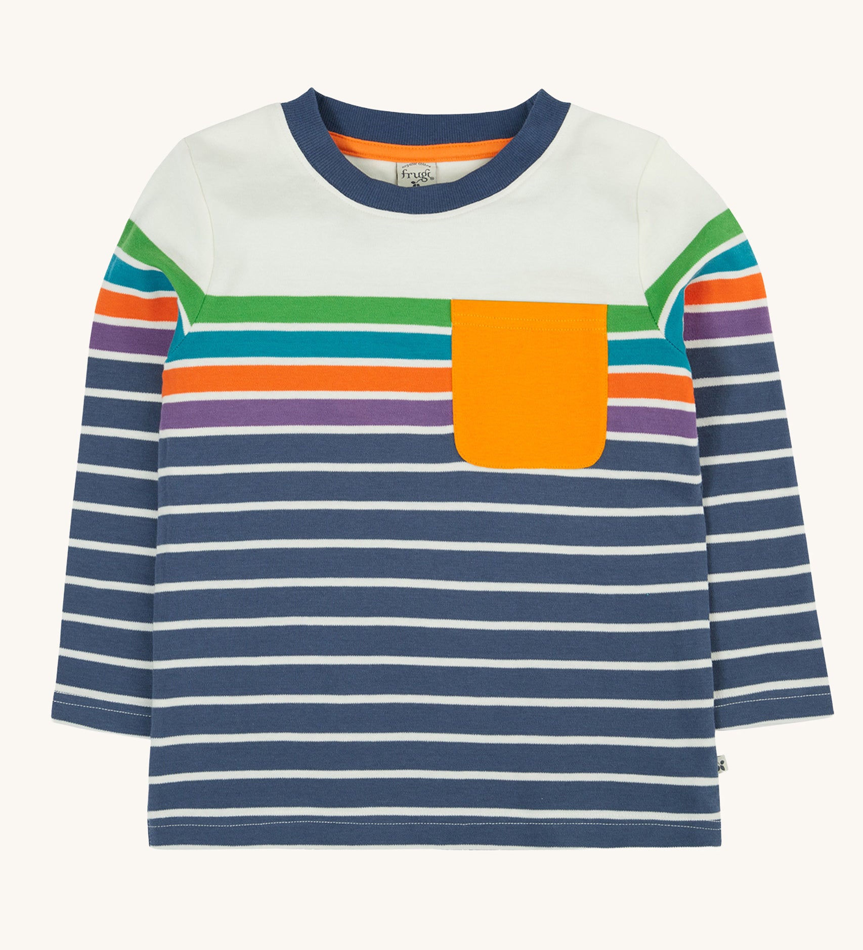 The Frugi Piran pocket navy striped organic cotton child's long sleeved top. A childs's top with navy, purple, orange, blue and green stripes with a yellow chest pocket detail on the front. We have a range of Frugi organic cotton kids clothes available at Babipur.