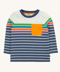 The Frugi Piran pocket navy striped organic cotton child's long sleeved top. A childs's top with navy, purple, orange, blue and green stripes with a yellow chest pocket detail on the front. We have a range of Frugi organic cotton kids clothes available at Babipur.