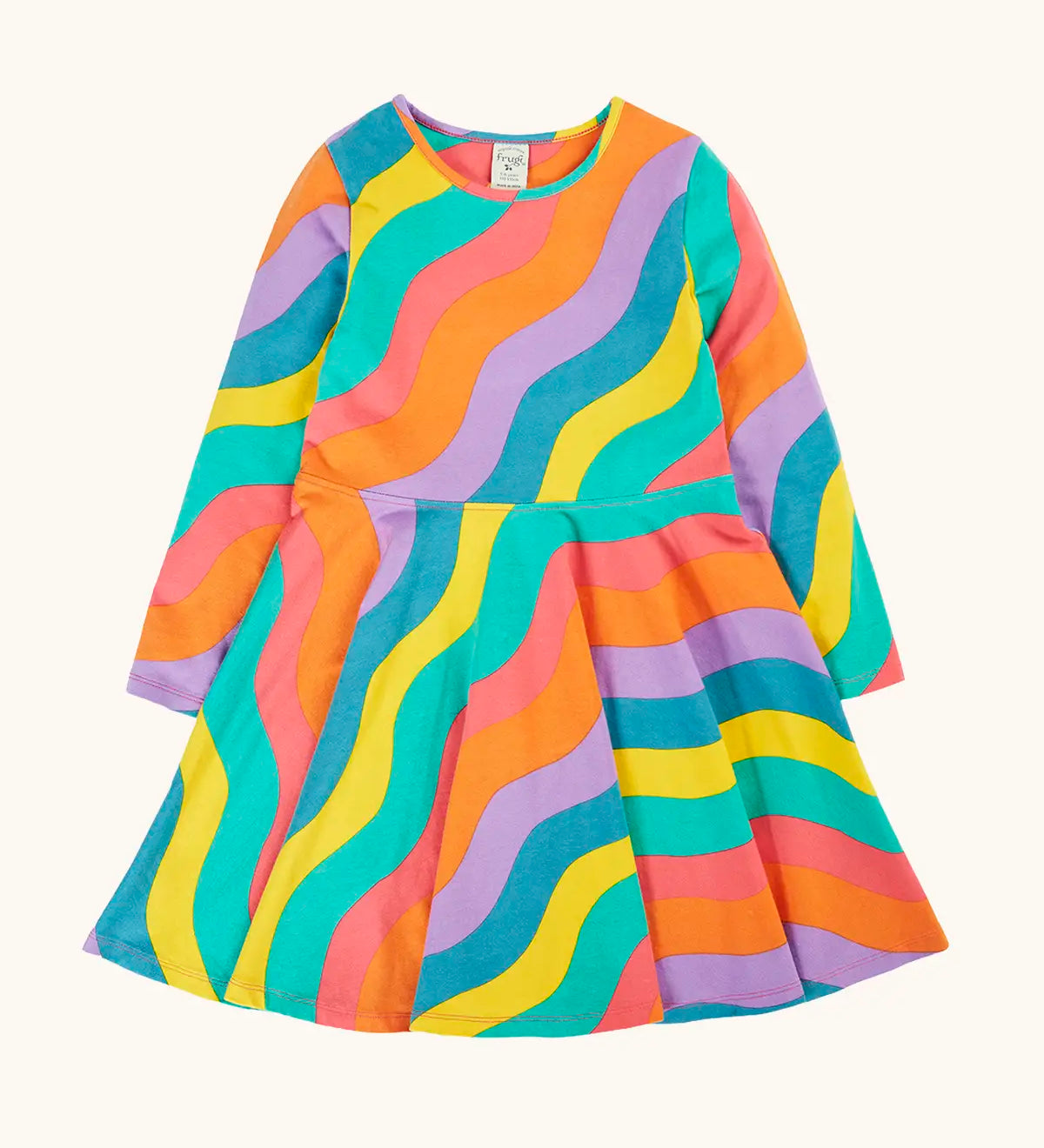 Frugi GOTS organic cotton long sleeved sofia skater dress with a rainbow ric rac pattern.