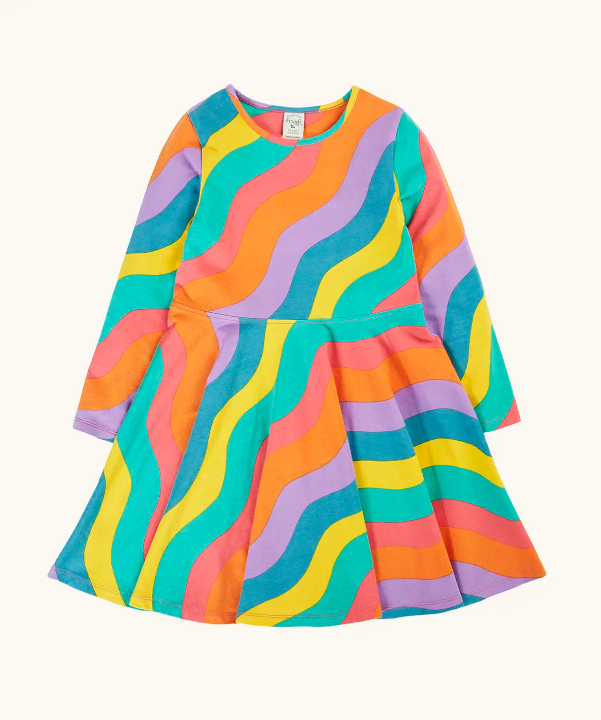 Frugi GOTS organic cotton long sleeved sofia skater dress with a rainbow ric rac pattern.
