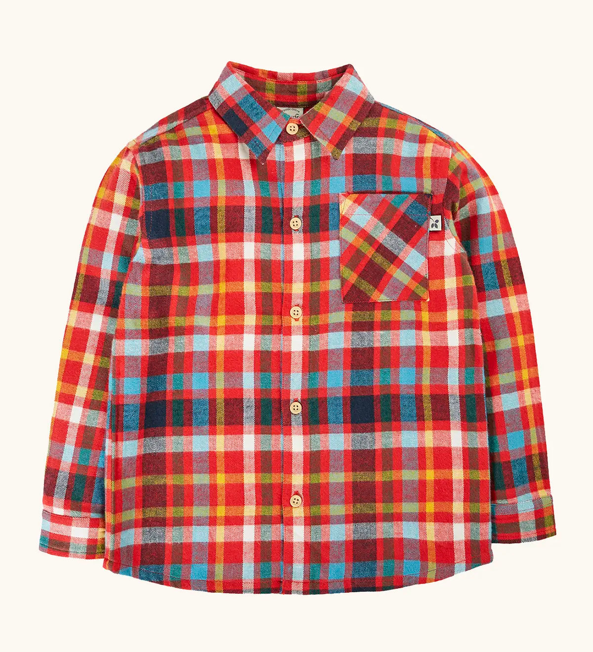 Frugi organic cotton festive check hector long sleeve shirt with chest pocket.