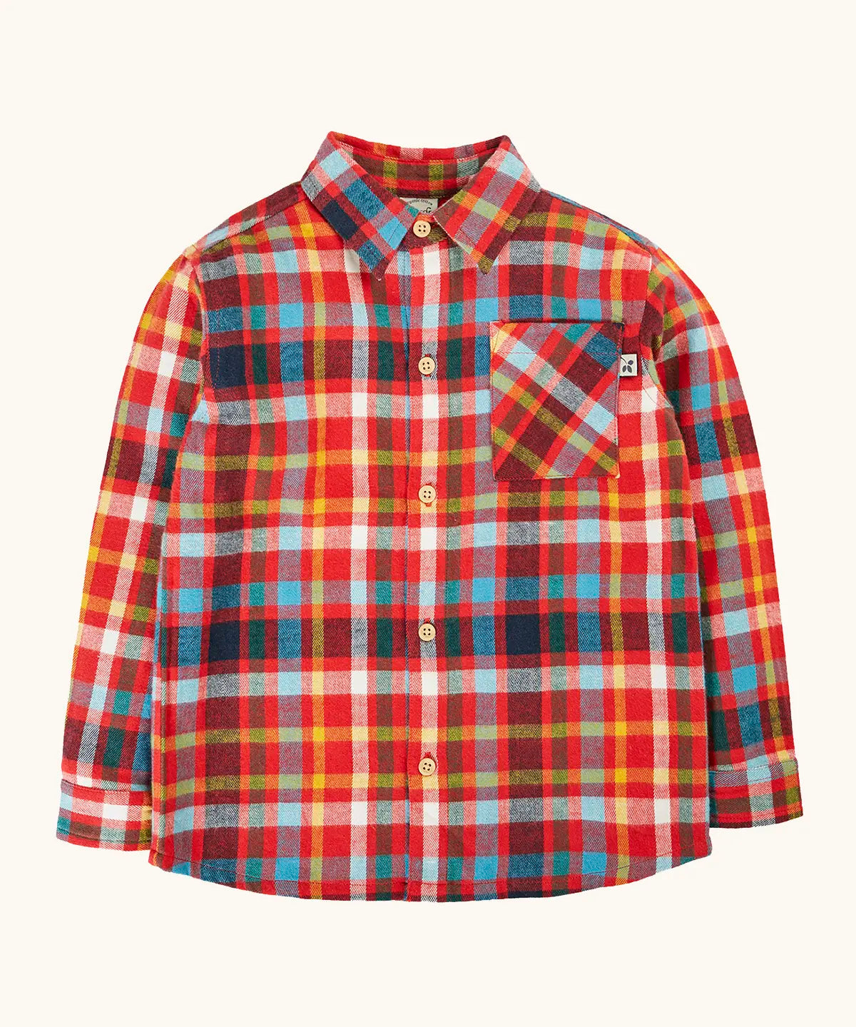 Frugi organic cotton festive check hector long sleeve shirt with chest pocket.