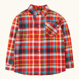 Frugi organic cotton festive check hector long sleeve shirt with chest pocket.