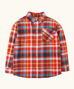 Frugi organic cotton festive check hector long sleeve shirt with chest pocket.