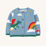 Frugi Organic Cotton Reva Dragon Skies Knitted Kids' Cardigan. This blue cardigan features a fun, colourful design featuring a green dragon, stars, rainbow, clouds and a mushroom. This cardigan is a part of a wide range of organic cotton clothing for children available here at Babipur. 