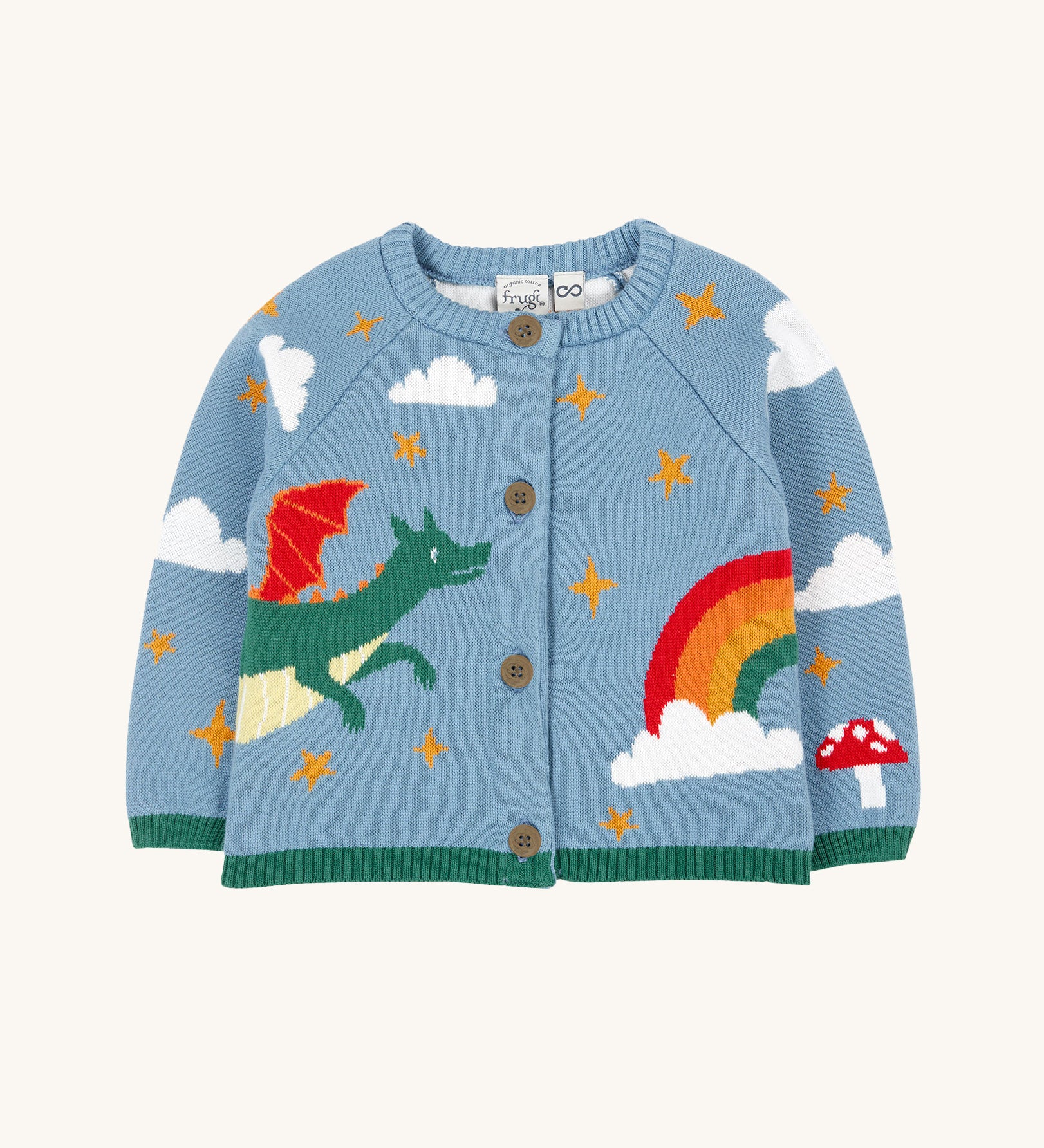 Frugi Organic Cotton Reva Dragon Skies Knitted Kids' Cardigan. This blue cardigan features a fun, colourful design featuring a green dragon, stars, rainbow, clouds and a mushroom. This cardigan is a part of a wide range of organic cotton clothing for children available here at Babipur. 