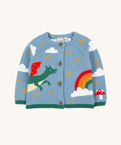 Frugi Organic Cotton Reva Dragon Skies Knitted Kids' Cardigan. This blue cardigan features a fun, colourful design featuring a green dragon, stars, rainbow, clouds and a mushroom. This cardigan is a part of a wide range of organic cotton clothing for children available here at Babipur. 