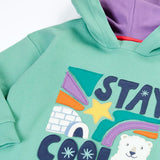 Close up of the Frugi organic cotton ria hoodie dress in moss green with a stay cool design applique on the front and a purple lined hood.