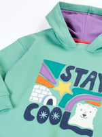 Close up of the Frugi organic cotton ria hoodie dress in moss green with a stay cool design applique on the front and a purple lined hood.