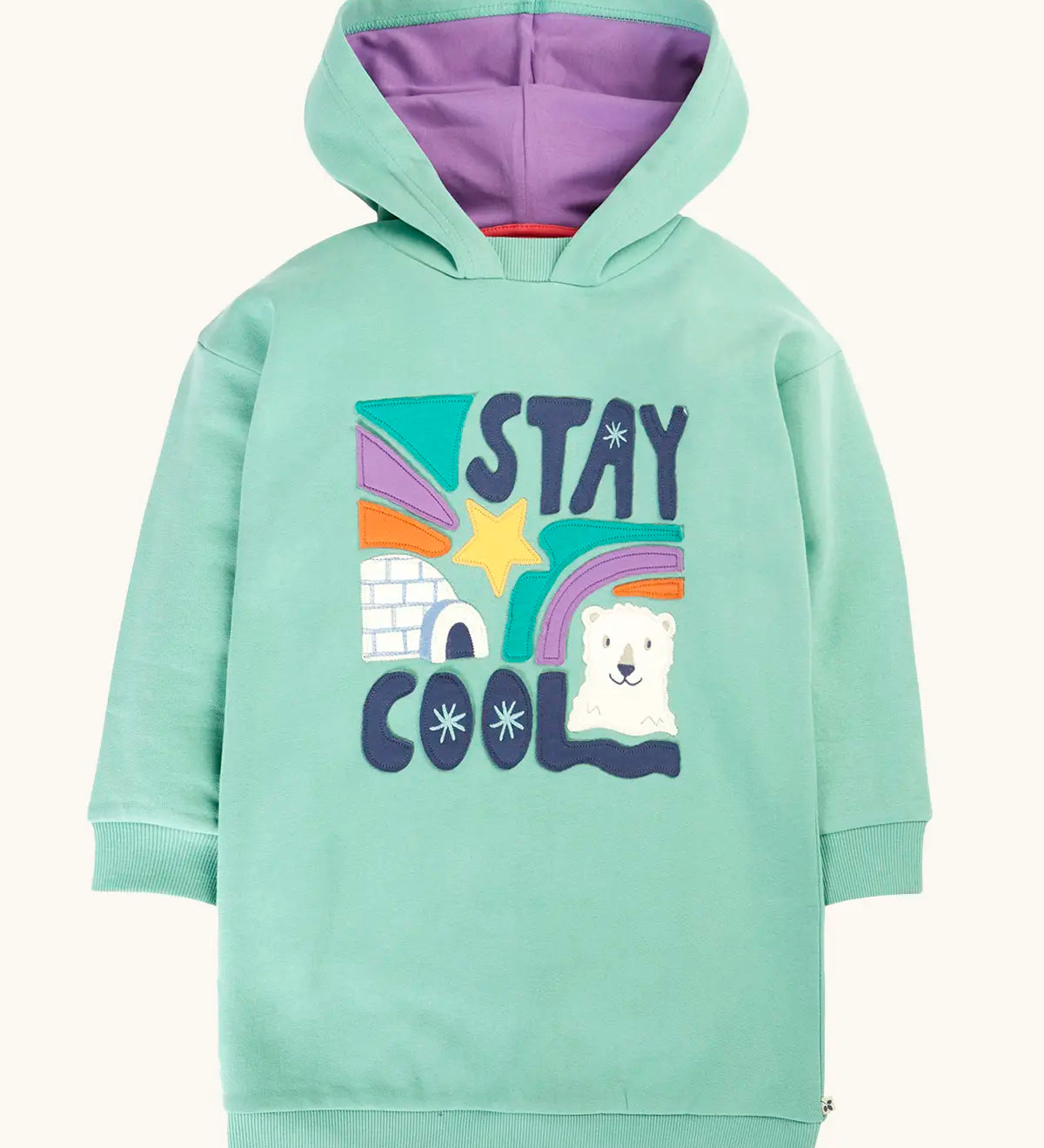 Frugi organic cotton ria hoodie dress in moss green with a stay cool design applique on the front and a purple lined hood.