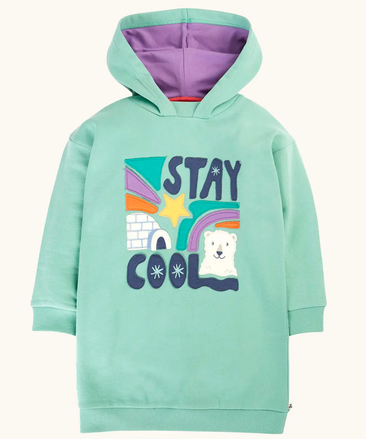 Frugi organic cotton ria hoodie dress in moss green with a stay cool design applique on the front and a purple lined hood.