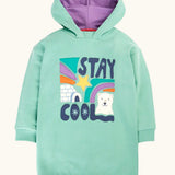Frugi organic cotton ria hoodie dress in moss green with a stay cool design applique on the front and a purple lined hood.