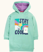 Frugi organic cotton ria hoodie dress in moss green with a stay cool design applique on the front and a purple lined hood.