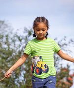 Achild wearing the Frugi kids sid t-shirt - GOTS organic cotton kids short sleeve t-shirt in green and white stripe with a yellow tractor appliqué to the left side