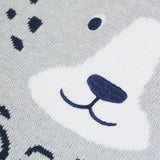 Close up of the details on the snow leopards face on the Frugi organic cotton character knit jumper with 3d ears, green neck trim and rainbow arm cuffs and hemline. 