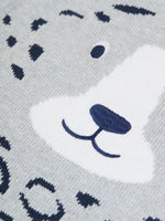 Close up of the details on the snow leopards face on the Frugi organic cotton character knit jumper with 3d ears, green neck trim and rainbow arm cuffs and hemline. 