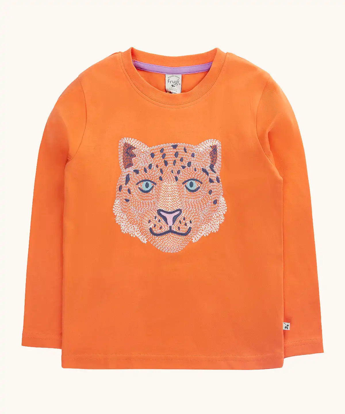 Frugi embroidered snow leopard organic cotton salamander orange long sleeve children's top.