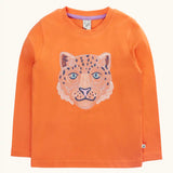 Frugi embroidered snow leopard organic cotton salamander orange long sleeve children's top.