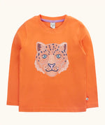 Frugi embroidered snow leopard organic cotton salamander orange long sleeve children's top.
