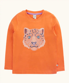 Frugi embroidered snow leopard organic cotton salamander orange long sleeve children's top.