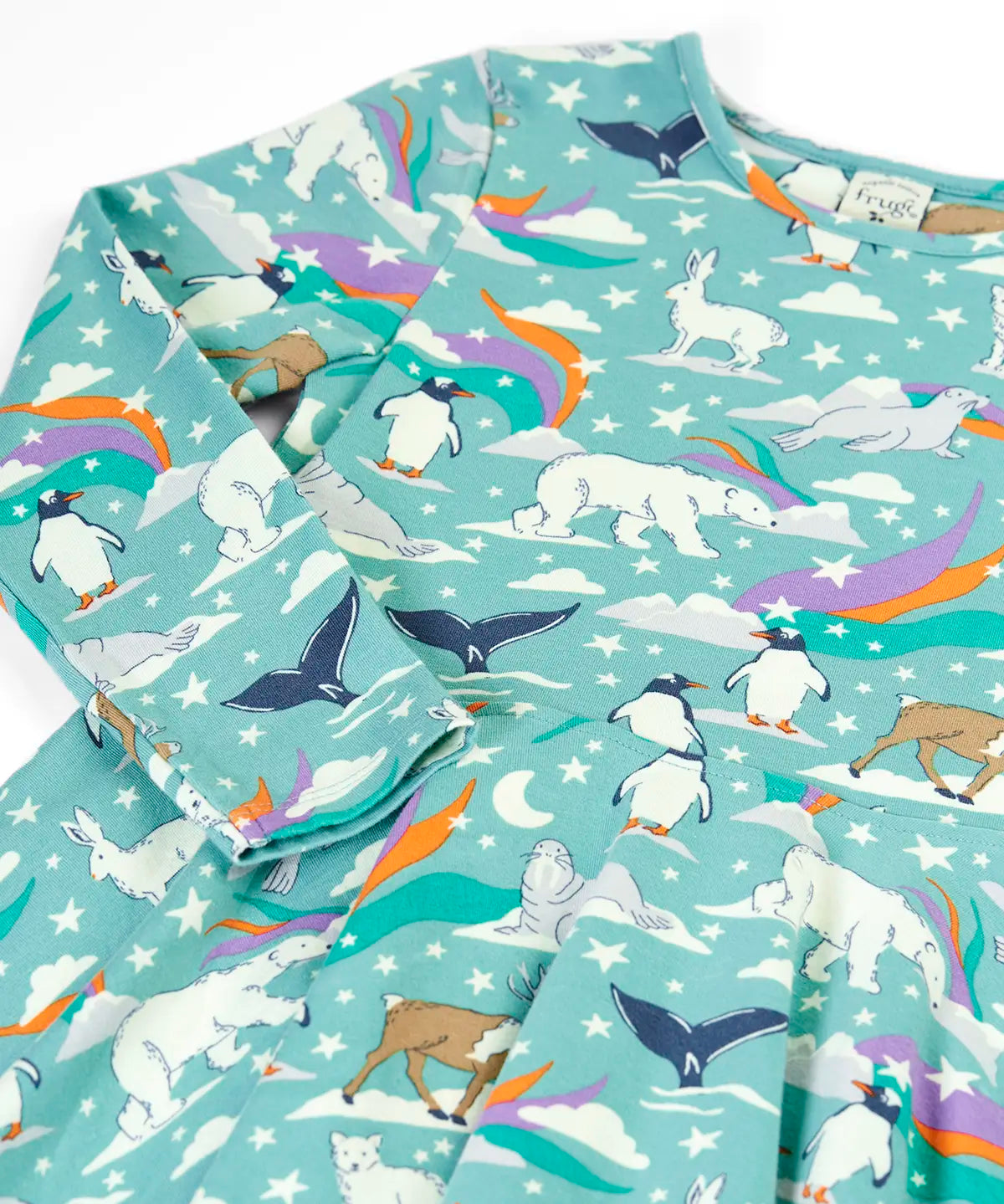 Close up of the Frugi GOTS organic cotton long sleeved sofia skater dress in polar aurora. Blue background with and all over print featuring artic animals among star and colourful swishes. 