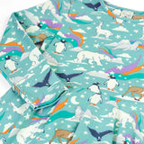 Close up of the Frugi GOTS organic cotton long sleeved sofia skater dress in polar aurora. Blue background with and all over print featuring artic animals among star and colourful swishes. 