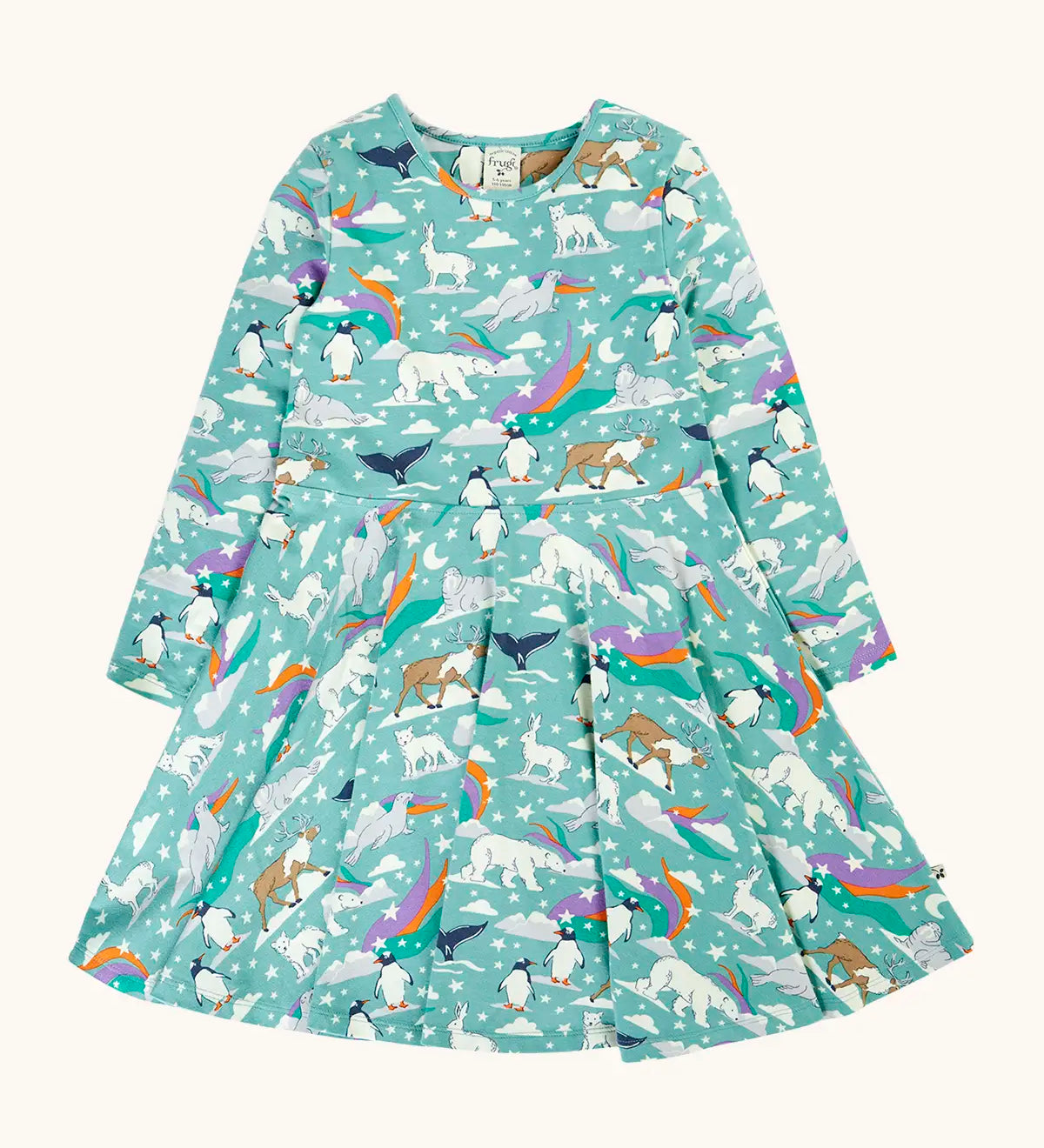 Frugi GOTS organic cotton sofia skater dress in polar aurora. Blue green background with and all over print featuring polar animals among star and colourful swishes. 