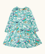 Frugi GOTS organic cotton sofia skater dress in polar aurora. Blue green background with and all over print featuring polar animals among star and colourful swishes. 