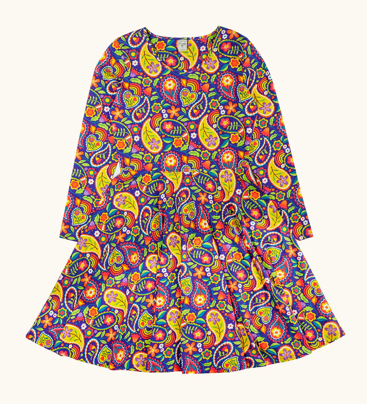 Frugi GOTS organic cotton sofia skater dress in pretty paisley. Purple background with colourful paisley print featuring flower and rainbow details.