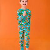 Frugi organic cotton sundown turquoise pyjamas with a Highland Coos cows print.
