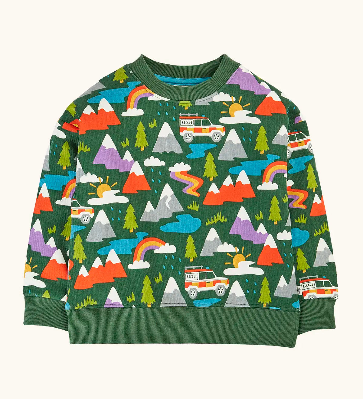 Frugi organic cotton superb sweatshirt with rescue trails print. Print features colourful mountains, trees, grass, water and rescue vehicles on a bottle green background.