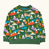 Frugi organic cotton superb sweatshirt with rescue trails print. Print features colourful mountains, trees, grass, water and rescue vehicles on a bottle green background.