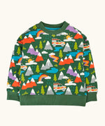 Frugi organic cotton superb sweatshirt with rescue trails print. Print features colourful mountains, trees, grass, water and rescue vehicles on a bottle green background.