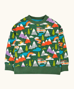 Frugi organic cotton superb sweatshirt with rescue trails print. Print features colourful mountains, trees, grass, water and rescue vehicles on a bottle green background.
