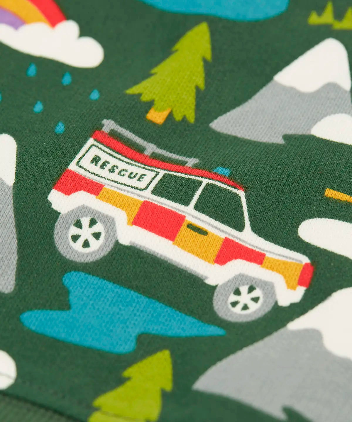 Close up of the rescue jeep vehicle featured on the Frugi organic cotton superb sweatshirt with rescue trails print.