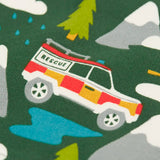 Close up of the rescue jeep vehicle featured on the Frugi organic cotton superb sweatshirt with rescue trails print.
