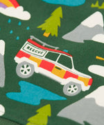 Close up of the rescue jeep vehicle featured on the Frugi organic cotton superb sweatshirt with rescue trails print.