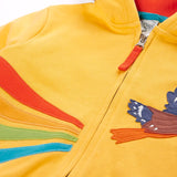 Close up of the zip and orange cotton zip pull on the Frugi organic cotton blaire zip hoodie in bumblebee yellow with eagle applique.