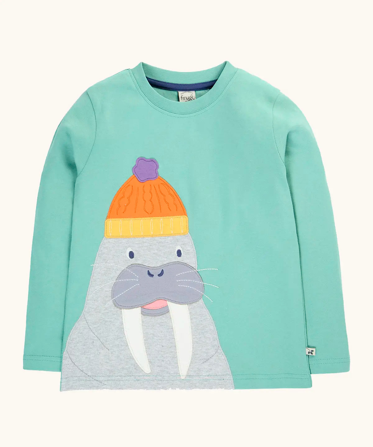 Frugi organic cotton adventure circular long sleeved top in light moss green with a walrus wearing a bobble hat applique on the front. 
