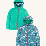 Frugi Reversible Toasty Trail Jacket - Wild Horses, in a bright turquoise colour and a beautiful horse print