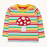 A Frugi orion fun guys applique child's top made from organic cotton. The top has a red mushroom applique on the front, long sleeves and rainbow coloured breton stripes.