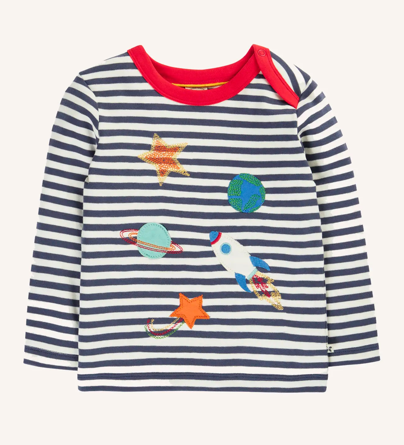 Frugi Orion space applique long sleeved organic cotton top on navy stripes with red collar trim. 