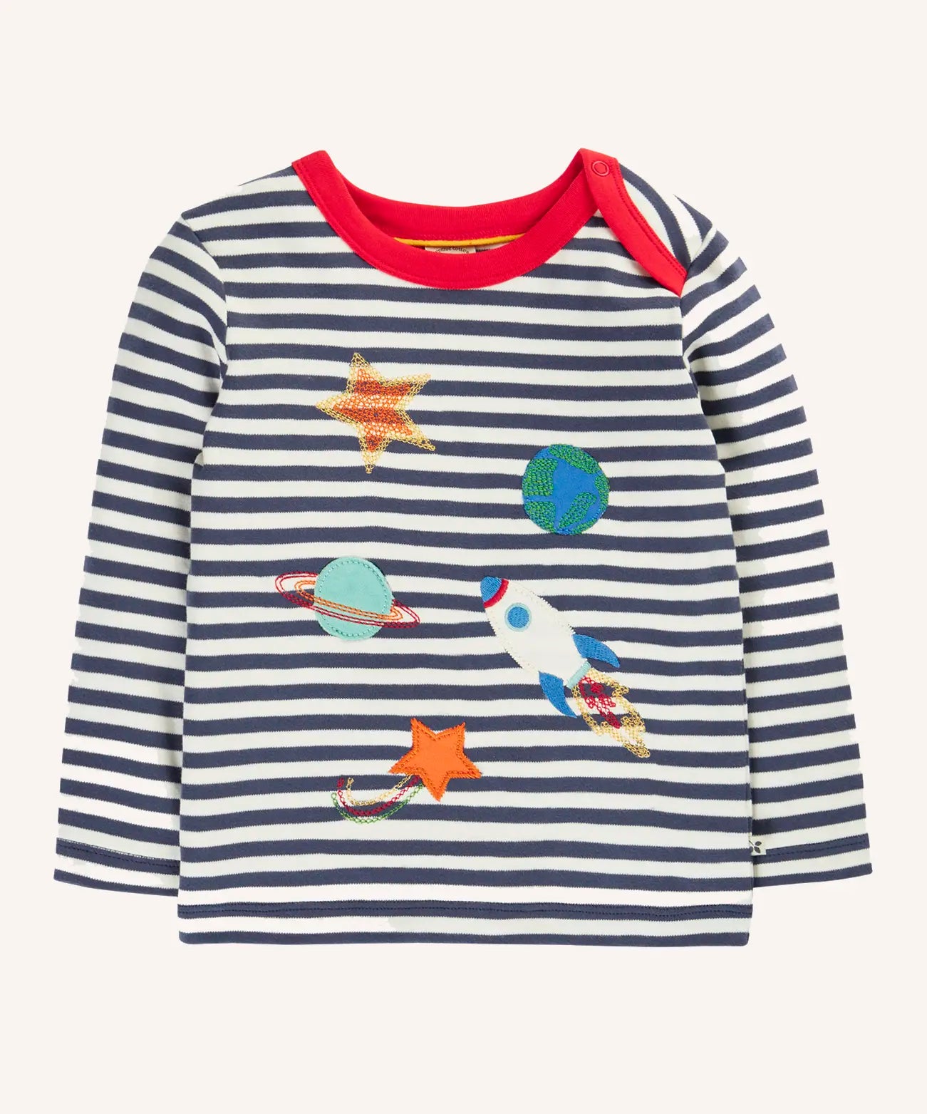 Frugi Orion space applique long sleeved organic cotton top on navy stripes with red collar trim. 