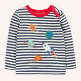 Frugi Orion space applique long sleeved organic cotton top on navy stripes with red collar trim. 