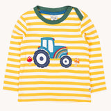 Frugi Orion applique long sleeved top with a yellow bumble bee stripe and tractor design. This children's top has been made with organic coctton.