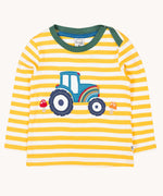Frugi Orion applique long sleeved top with a yellow bumble bee stripe and tractor design. This children's top has been made with organic coctton.