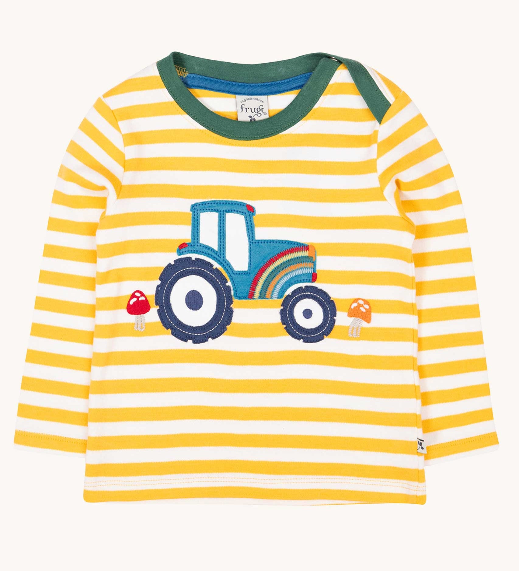 Frugi Orion applique long sleeved top with a yellow bumble bee stripe and tractor design. This children's top has been made with organic coctton.